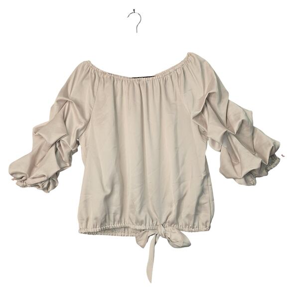 MSK Petite Blouse Womens XL Beige Off Shoulder Ruffle Sleeve Tie Hem Top PXL - Picture 1 of 10